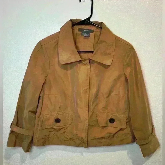 Per Se Brown Gold Cropped Y2K Trench Jacket Sheen Snap Button‎ Size 6 - Picture 1 of 8